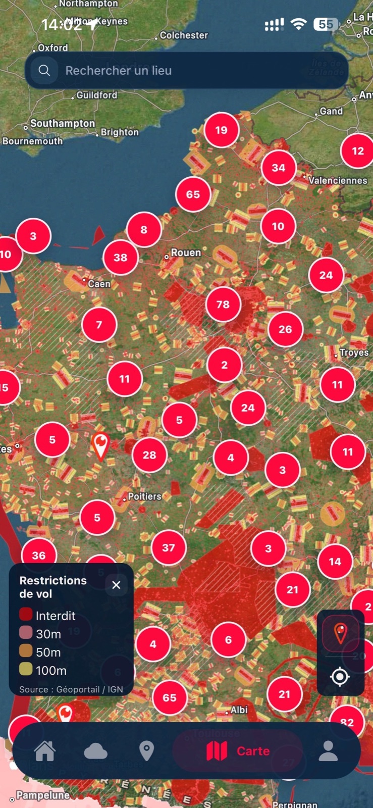 Carte Geodrones affichant les spots et les restrictions de vol