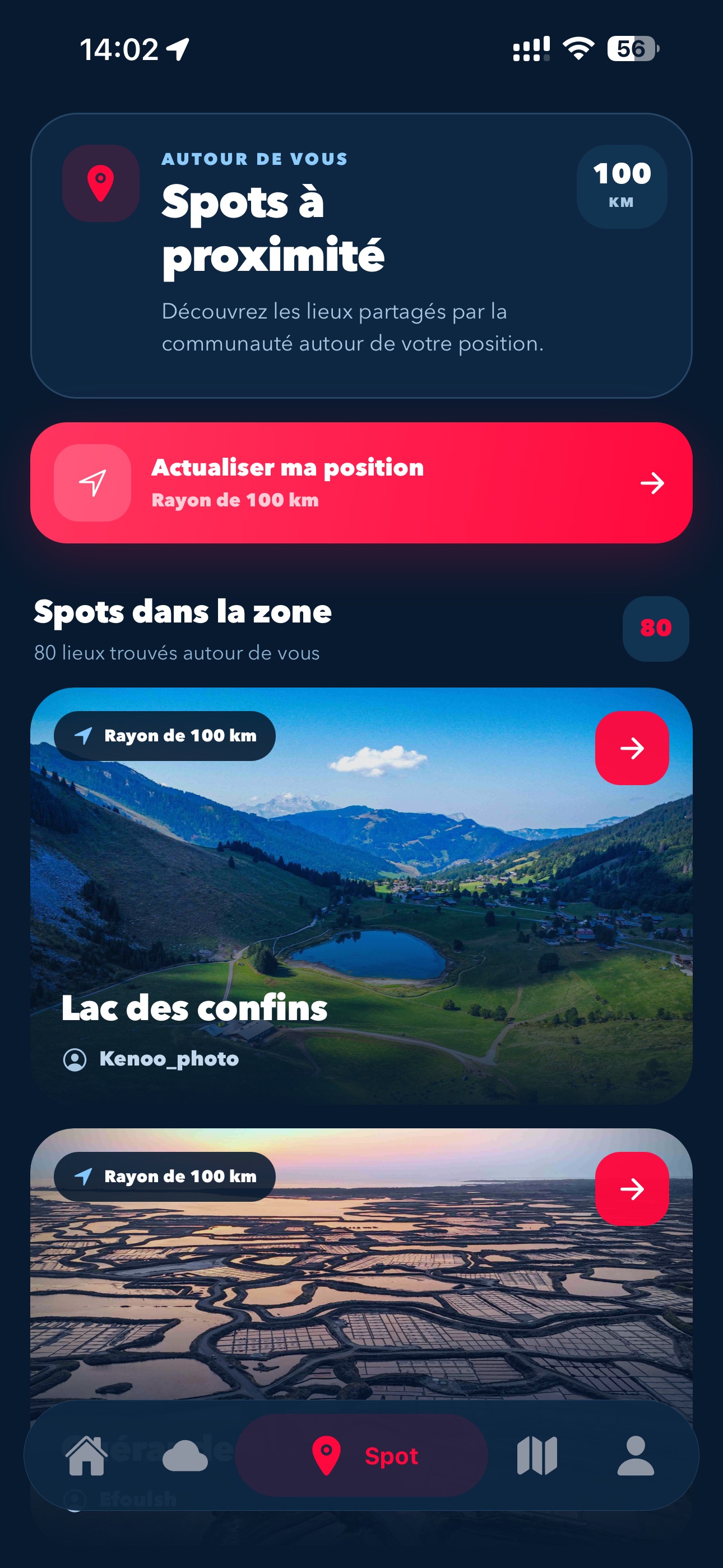 Écran Geodrones présentant les spots à proximité